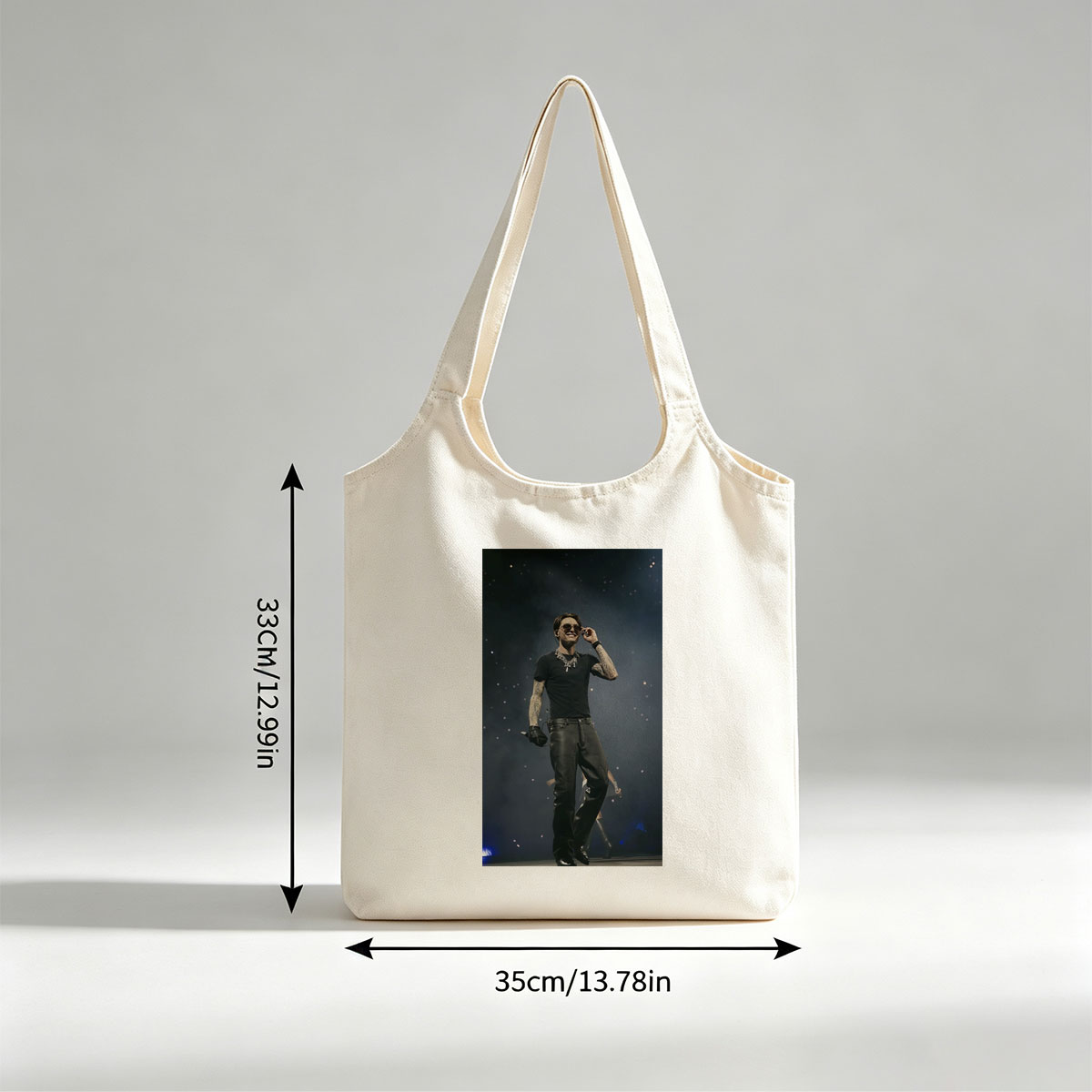 Machine Gun Kelly on Stage Performing in Black Outfit with Tattoos and Sunglasses - Canvas shoulder bags/