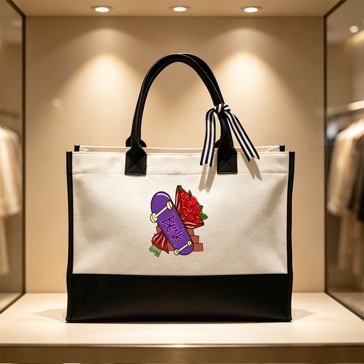 Pink Panther Skateboard with Red Roses Bouquet - Canvas patchwork gift tote bag