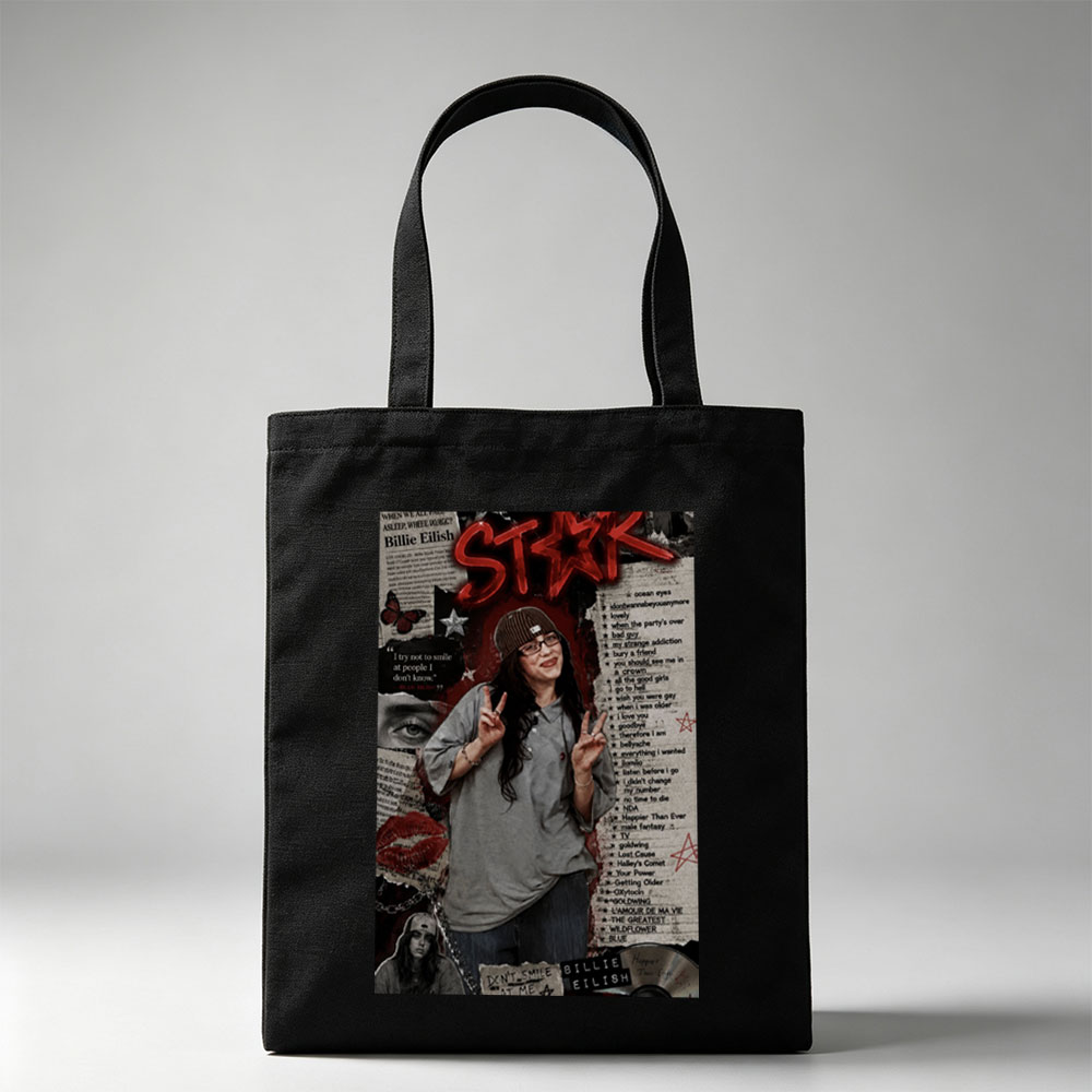 Billie Eilish Fan Art Collage Featuring a Person in a Beanie Making Peace Signs with Lyrics and Quotes - Canvas tote bags
