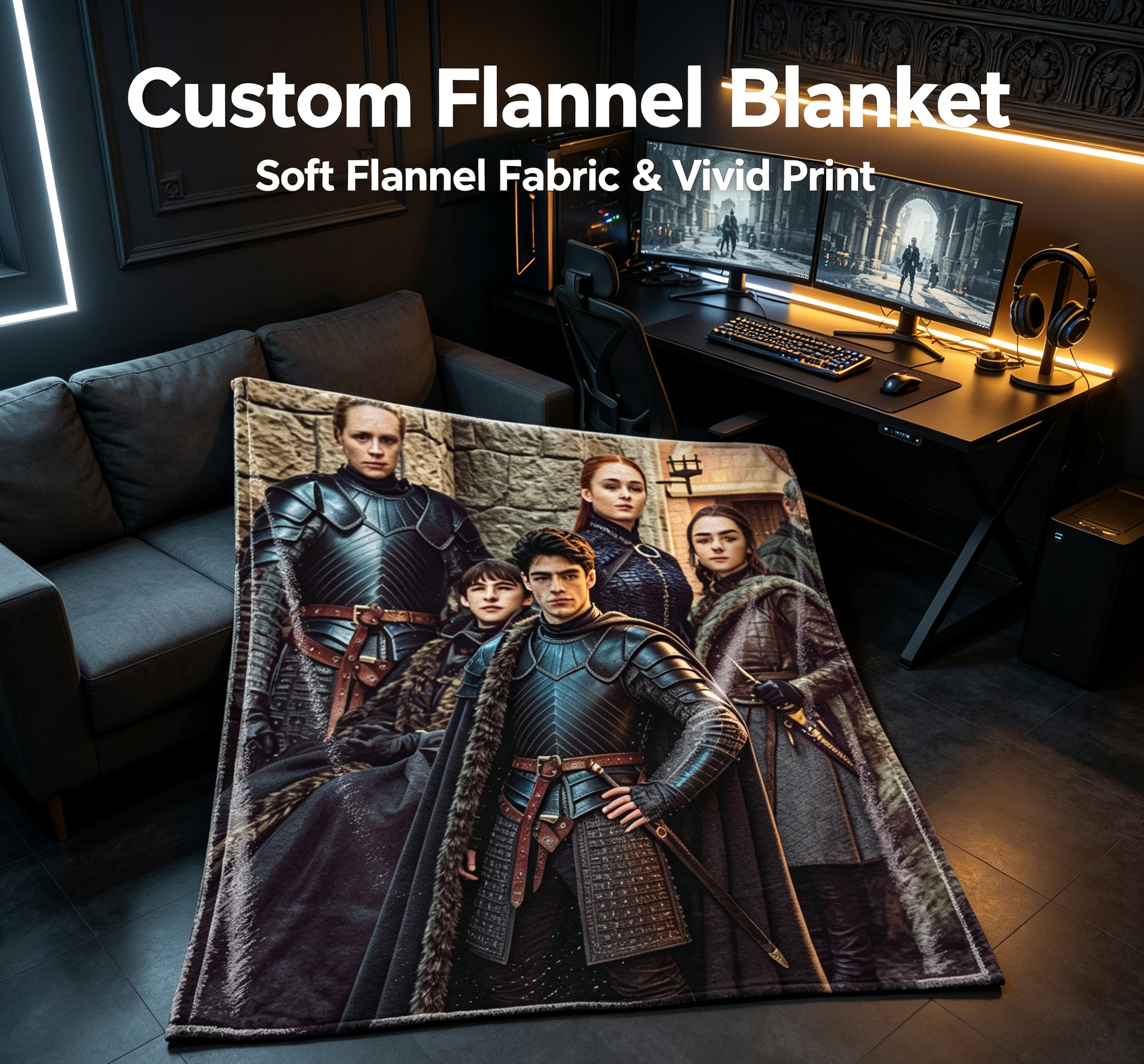 Custom Face Blanket Medieval Knight Group Portrait Flannel Blanket Perfect for Couch or Bed Cozy Gift for Fantasy Fans