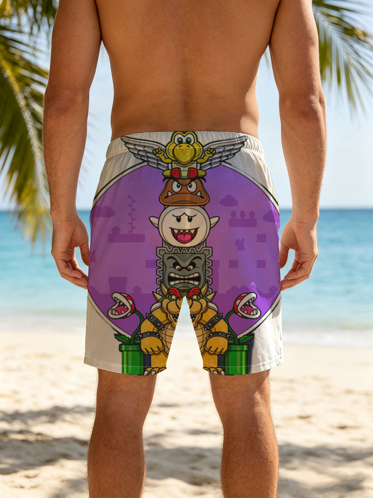 Bowser, Koopa Troopa, Dry Bones, and Winged Yoshi Stack in Super Mario Universe -  Beach shorts