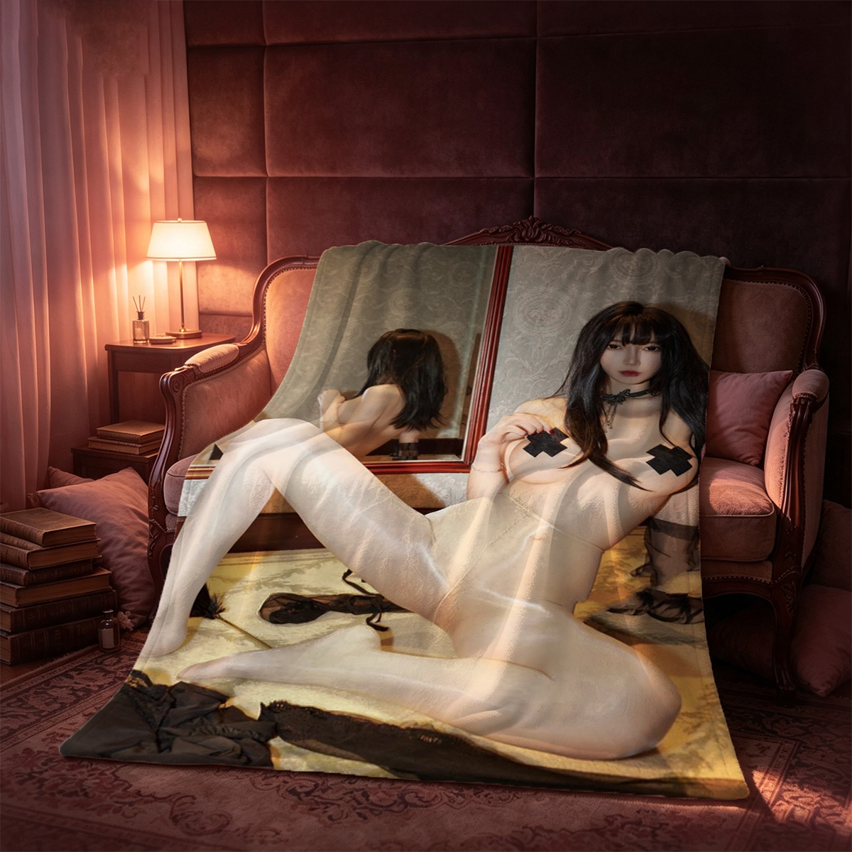 Rina Akiyama in white lingerie, seductive pose against floral wallpaper. - Blanket