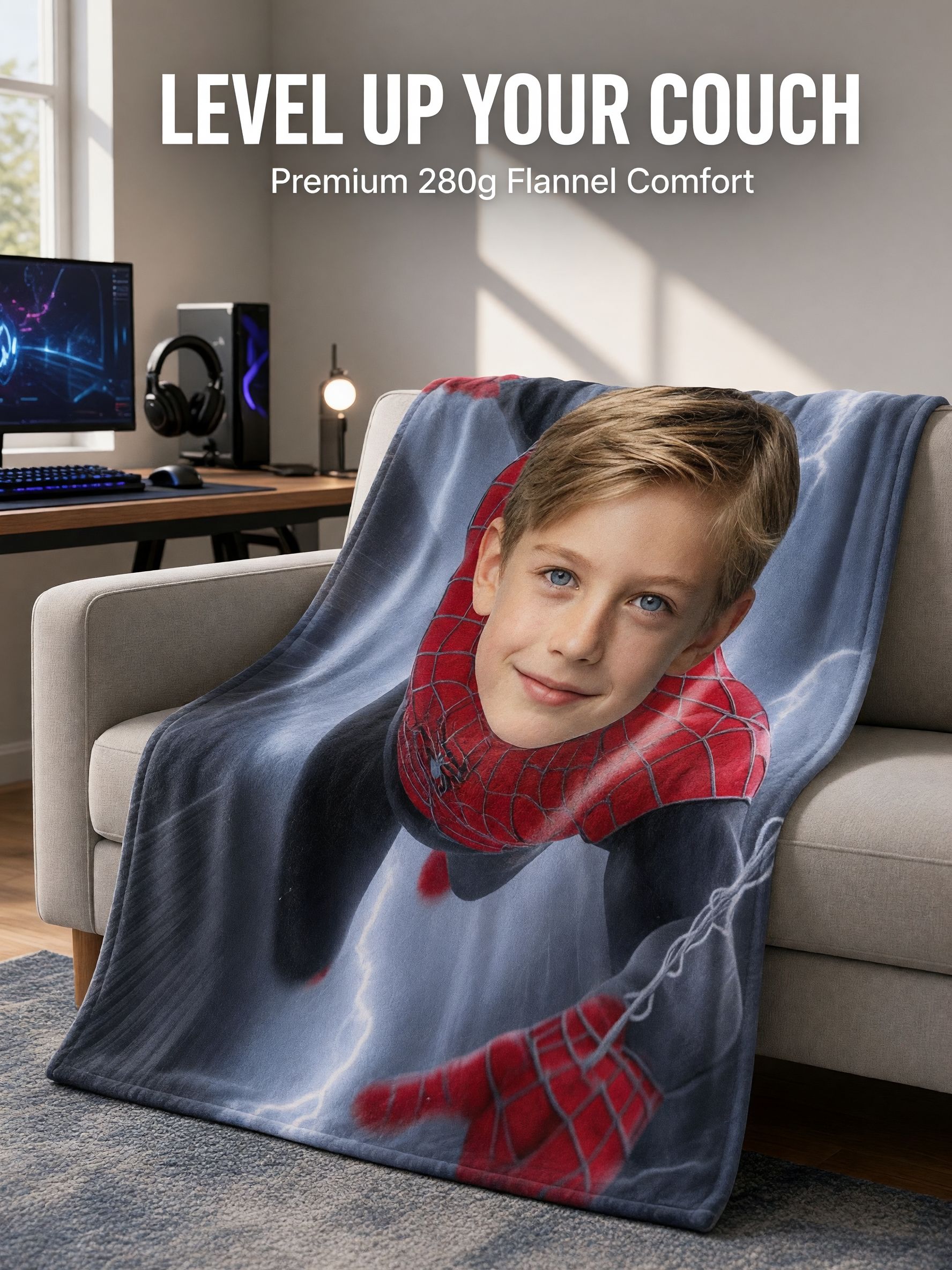 Custom Face Superhero Flannel Blanket, Personalized Photo Soft Plush Fleece Throw, Ideal Cozy Gift for Kids and Teens