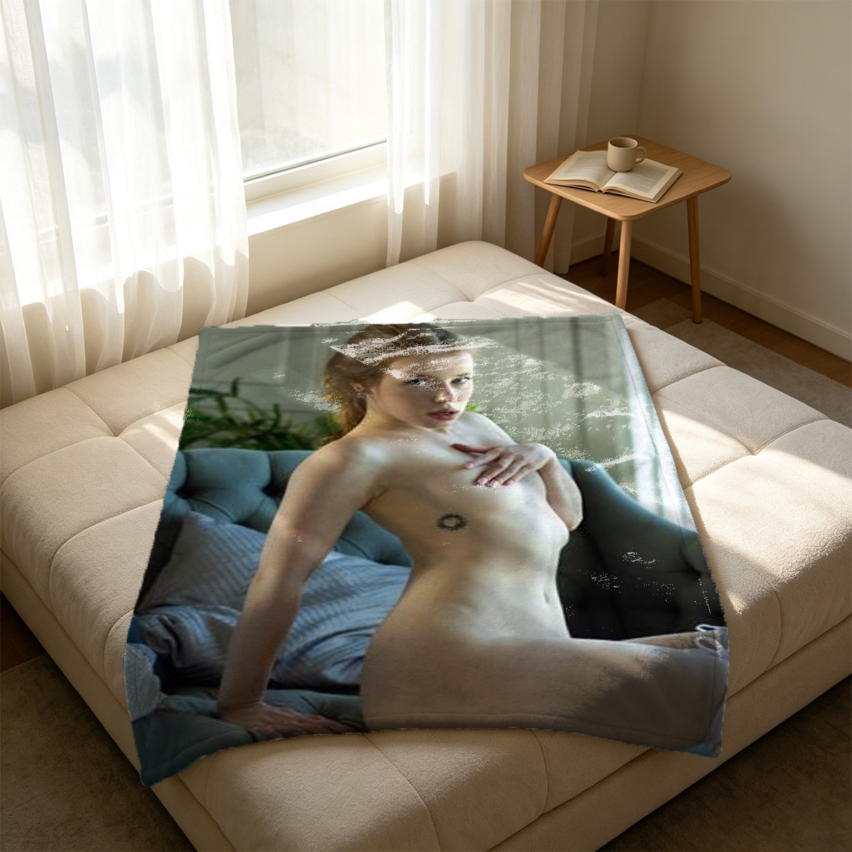 A woman in a pink micro bikini sitting on a chair in a bright room. - Blanket