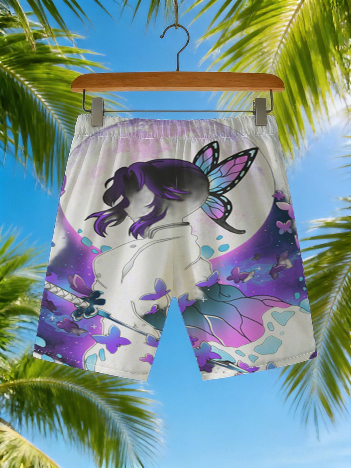 Shinobu Kocho from Demon Slayer, butterfly wings, moonlit silhouette, sword, purple butterflies -  Beach shorts