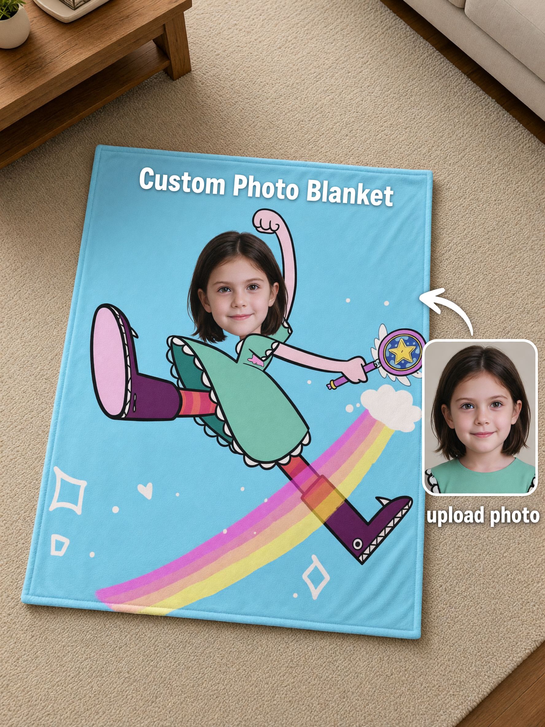 Custom Face Photo Blanket Personalized Magical Cartoon Rainbow Flannel Throw, Soft Keepsake Gift for Kids and Family