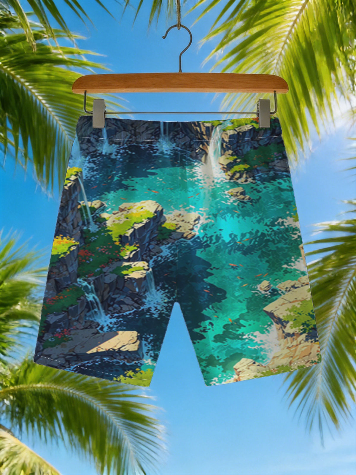 Crystal Clear Waterfalls in a Lush Canyon -  Beach shorts