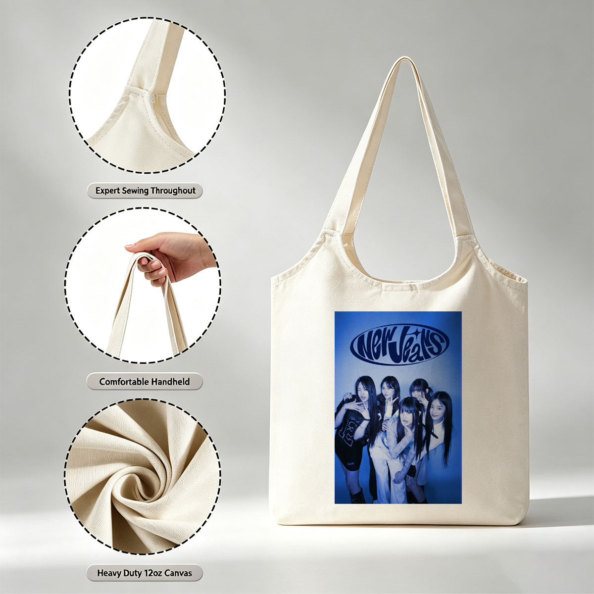 NewJeans Group Pose in Blue-Toned Studio Photo with Stylish Outfits and Confident Expressions - Canvas shoulder bags/