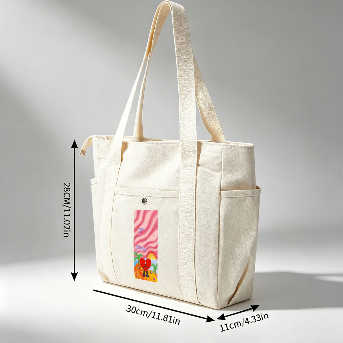 Heart Character on Tropical Beach with Dolphins and Sunset - Multi-pocket bags