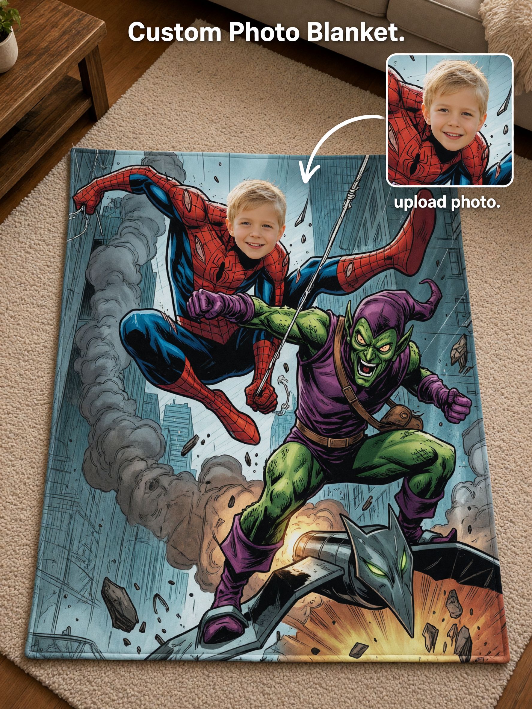 Custom Photo Face Superhero Blanket, Soft Flannel Fleece Throw, Ideal Personalized Gift for Kids and Comic Fans