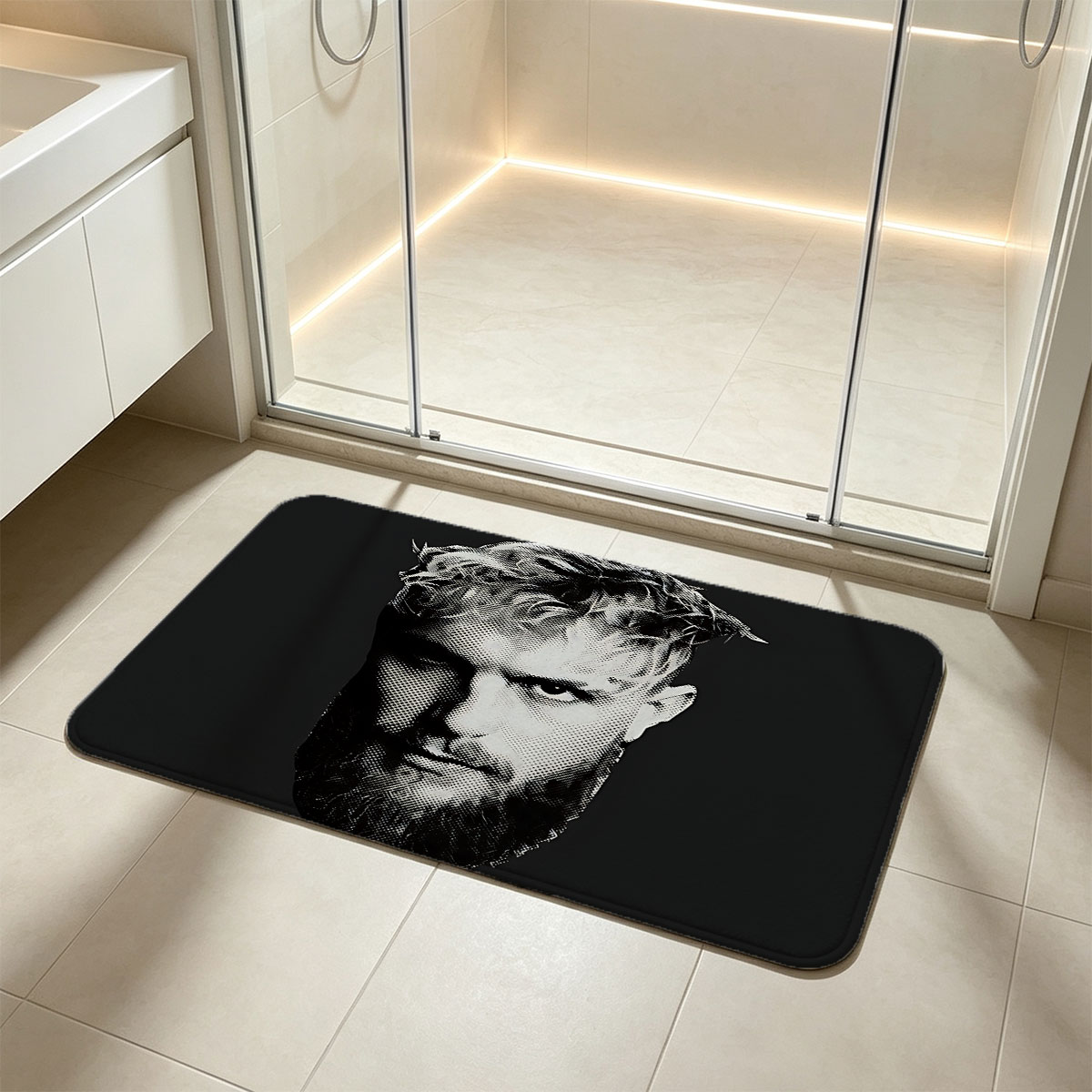 Jesus Christ with Crown of Thorns, Black and White Portrait - Flannel floor mat