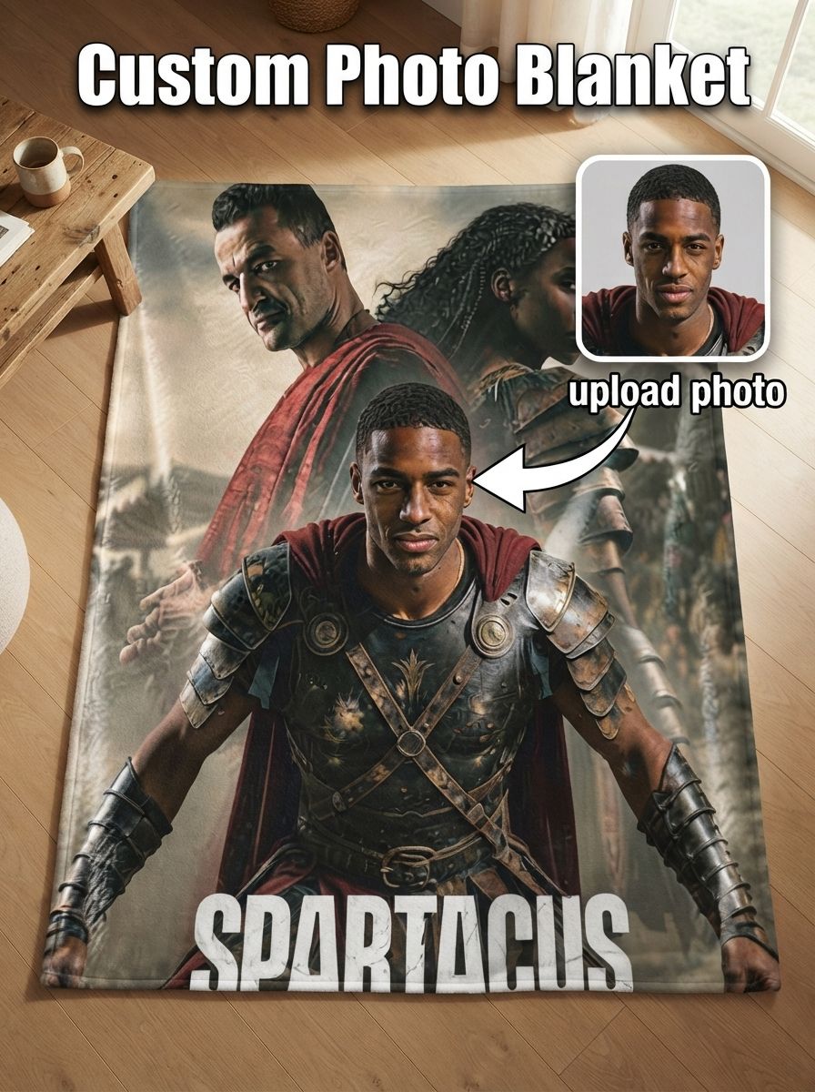 Custom Photo Face Flannel Blanket Personalized Warrior Gladiator Portrait Throw Lightweight Anti-Pilling Cozy Bed Sofa