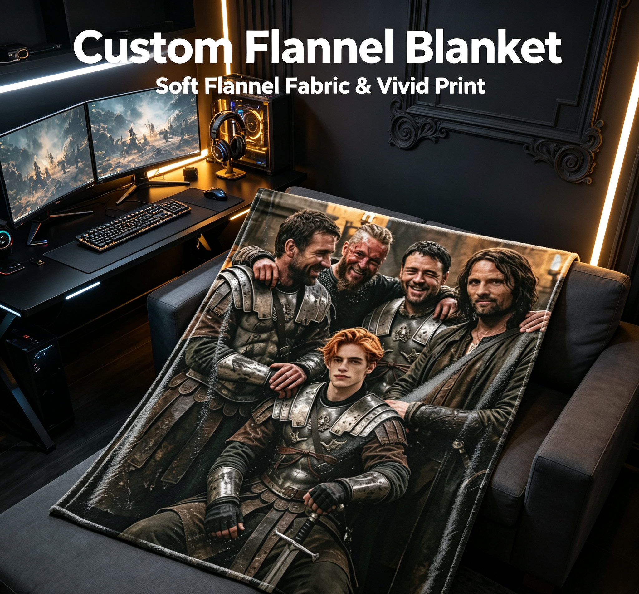 Custom Face Blanket Featuring Medieval Warriors in Armor Flannel Blanket Perfect for Couch or Bed Cozy Gift for Fantasy Fans and Movie Lovers