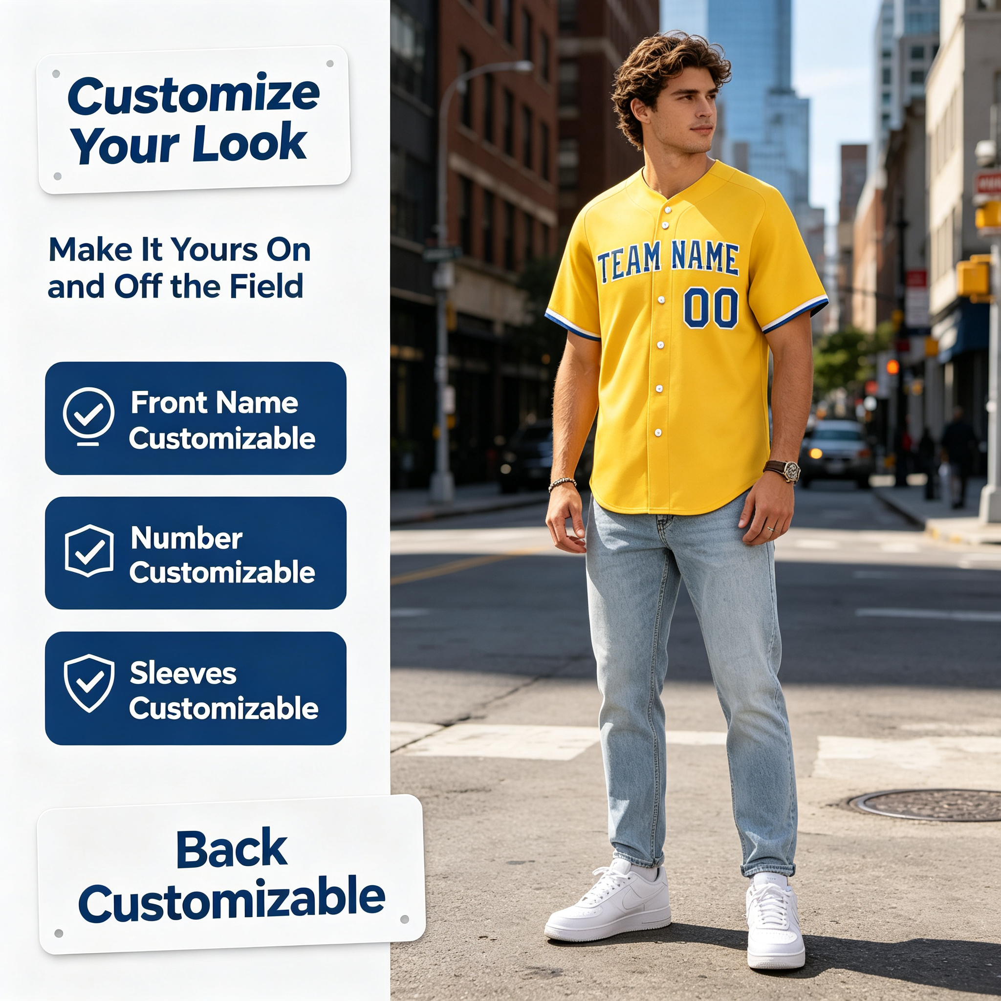 Custom Printed Boston City Marathon Style Baseball Jersey Yellow Short Sleeve Button Down Shirt for Men and Women