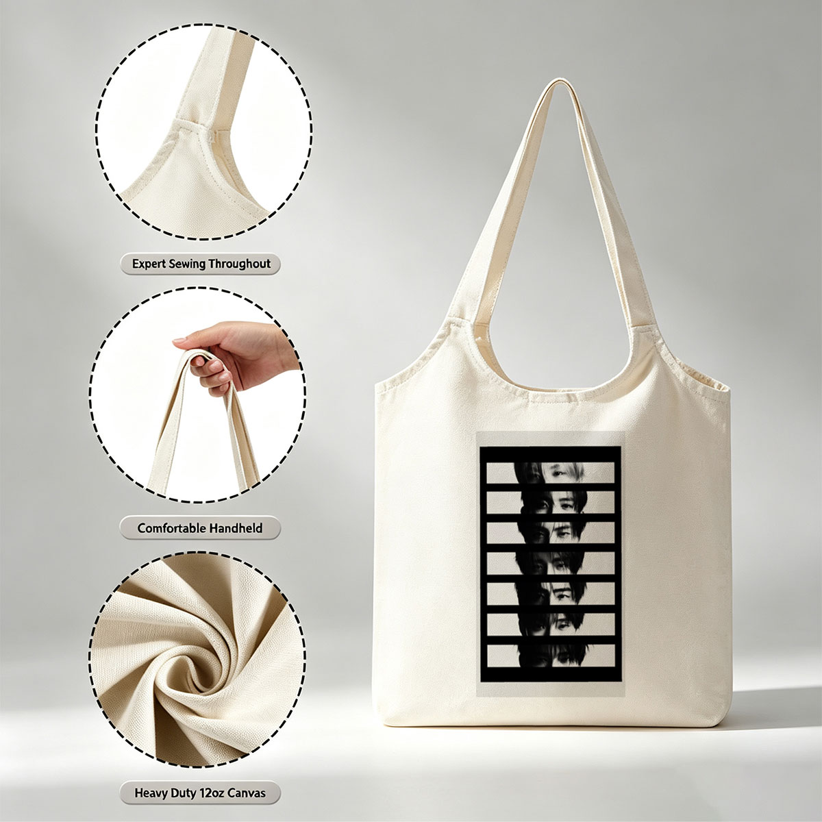 BTS Members in Black and White Striped Portrait with Fragmented Faces - Canvas shoulder bags/