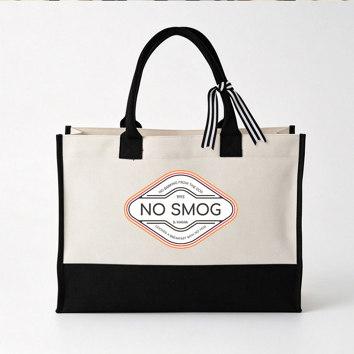 No Smog & Mama: 1993, No Barking from the Dog, Cooked a Breakfast with No Hog - Canvas patchwork gift tote bag