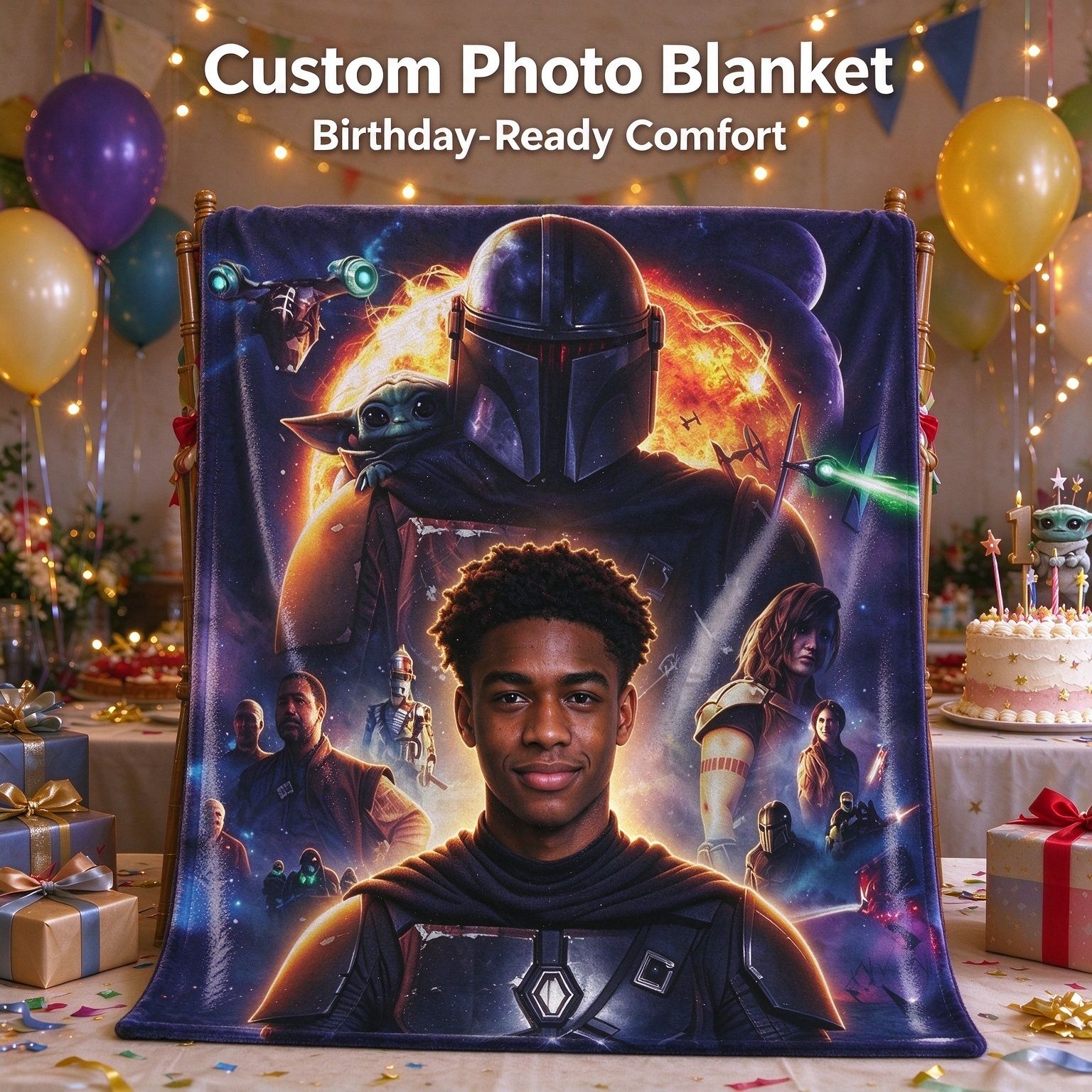 Custom Face Photo Flannel Blanket Personalized Sci-Fi Warrior Fleece Throw for Bed Sofa and Movie Nights Unique
