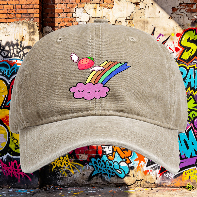 Unisex Classic Washed Cap with Flying Strawberry Rainbow Cloud Print - Perfect for Casual Outings, Travel, and Everyday Wear - Ideal for Teens and Young Adults Seeking Fun, Colorful Streetwear Style