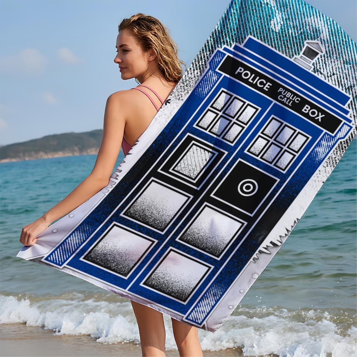 TARDIS in Winter Wonderland: Police Box Amid Snowy Pines - Beach towels