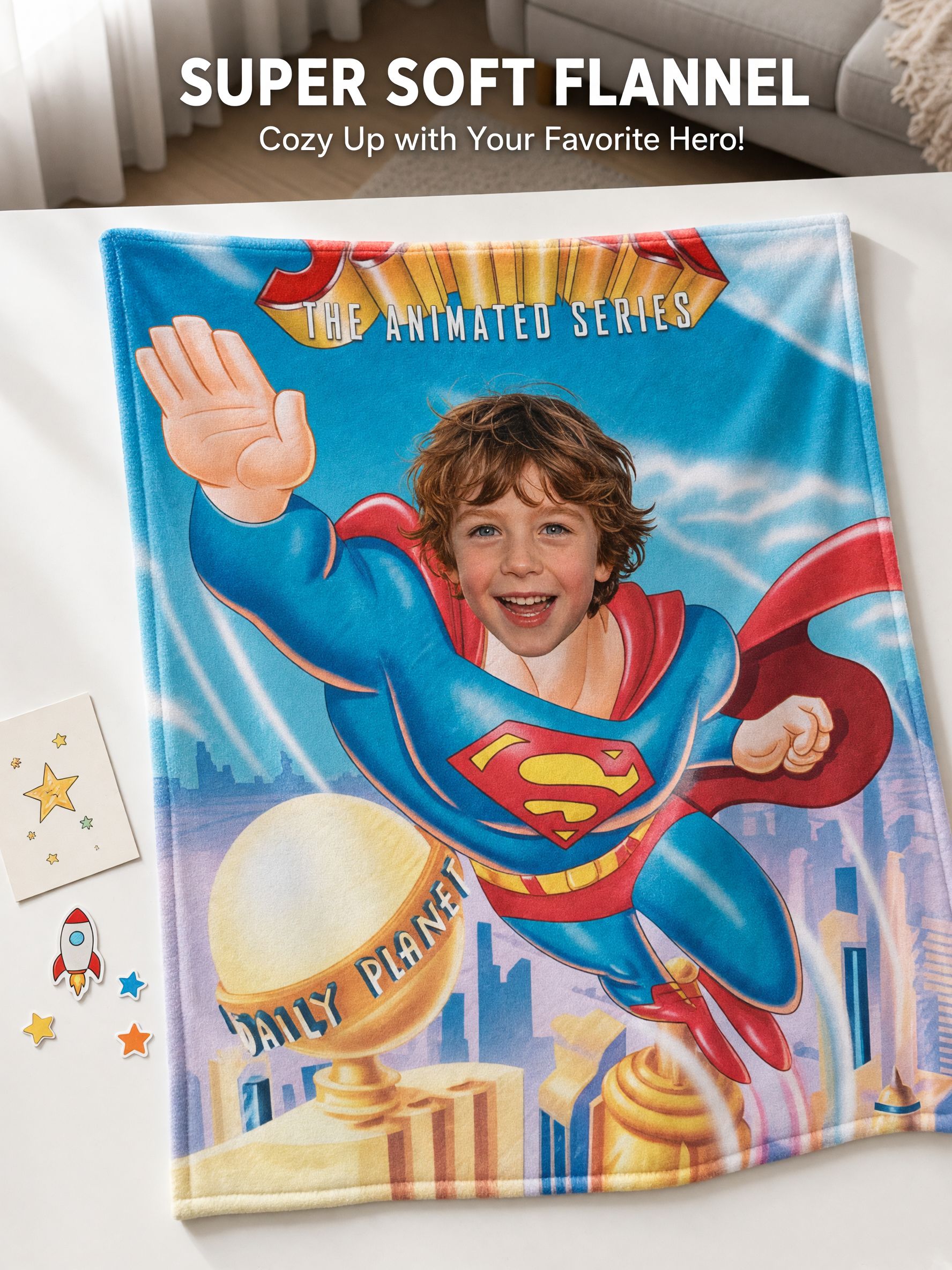 Personalized Photo Superhero Flannel Fleece Blanket Ultra Soft Custom Face Throw Cover for Bed Couch Travel Gift