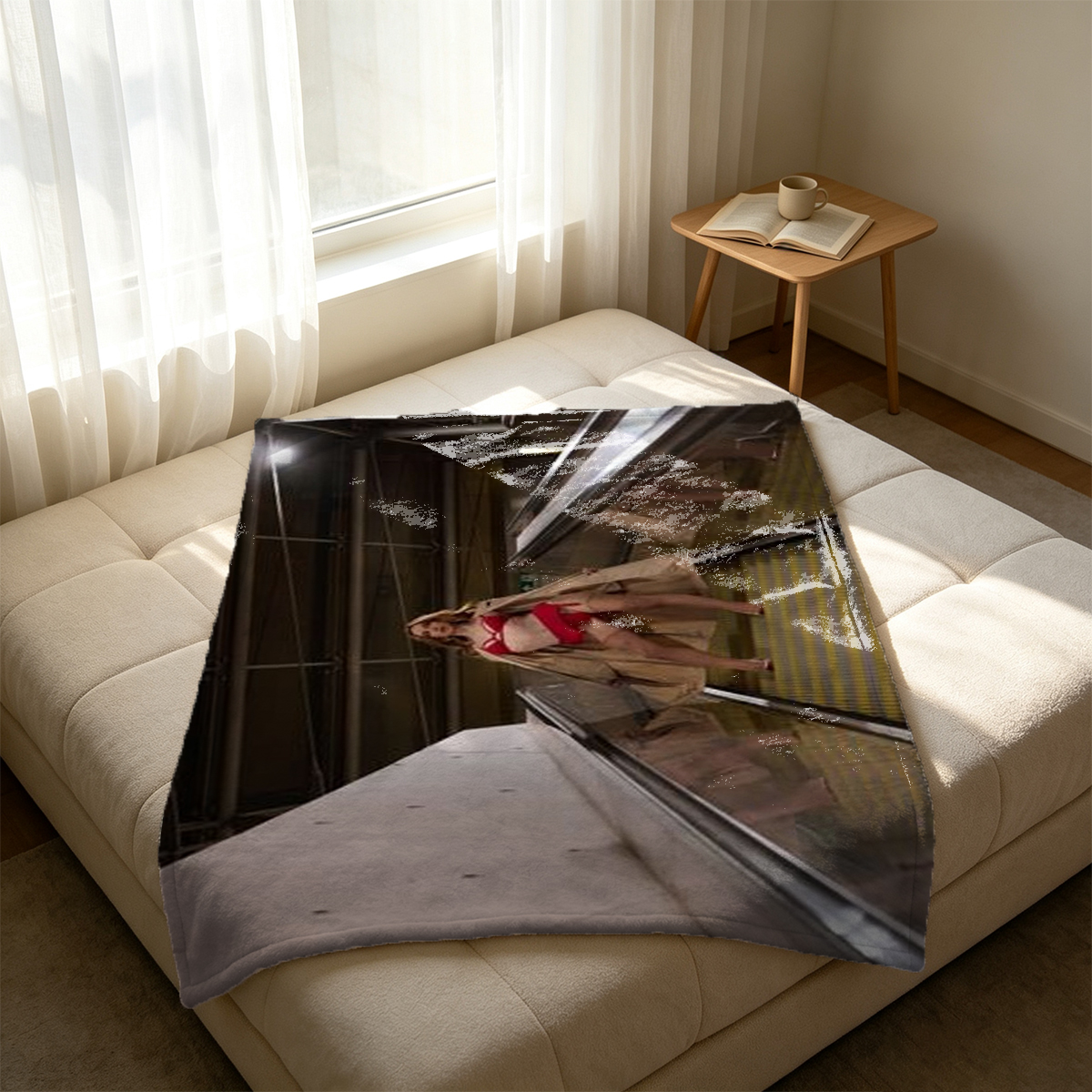 Nude blonde on bed in rustic bedroom - Blanket