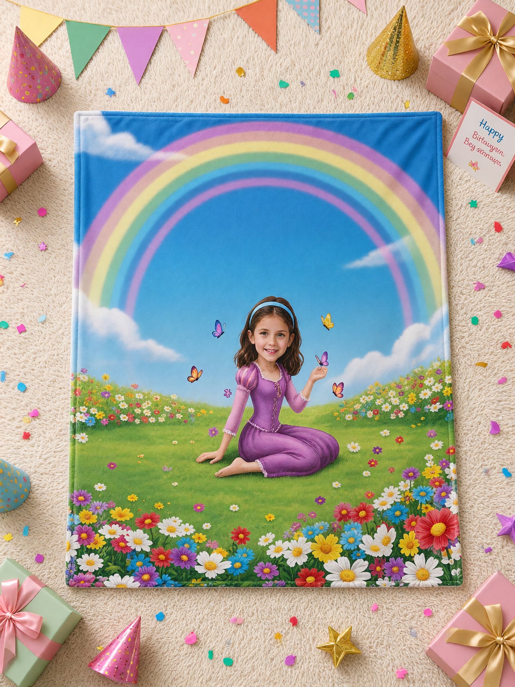 Custom Face Photo Flannel Blanket, Personalized Princess Rainbow Throw for Kids and Girls, Ideal Keepsake Gift
