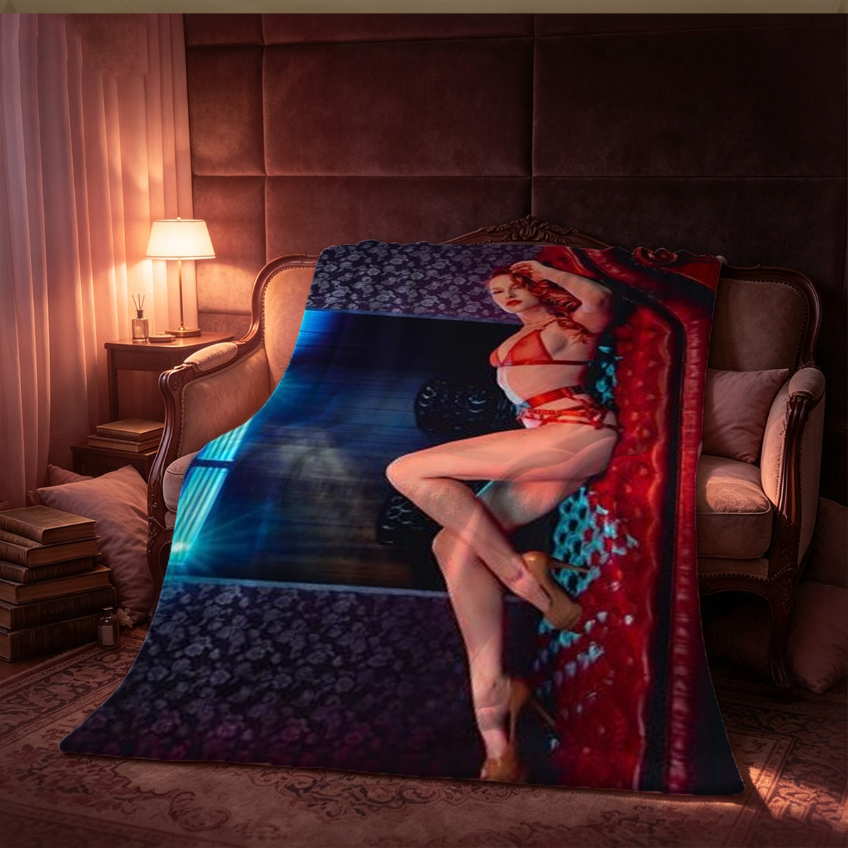 Nude blonde woman lying on wooden table smiling at camera - Blanket