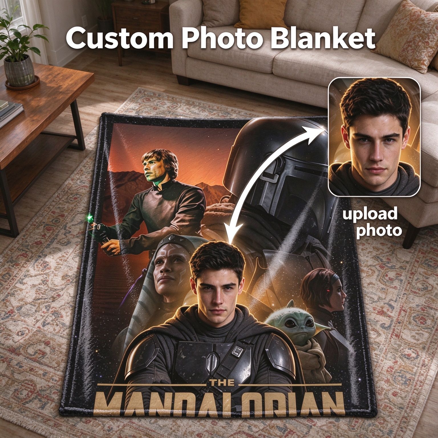 Custom Photo Face Flannel Blanket Personalized Sci-Fi Warrior Plush Fleece Throw Anti-Pilling Hypoallergenic Keepsake