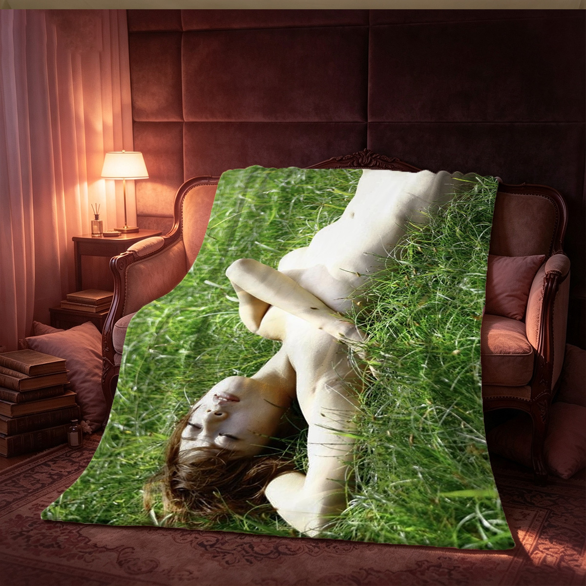 Blonde woman in black lingerie posing on a brown leather couch. - Blanket
