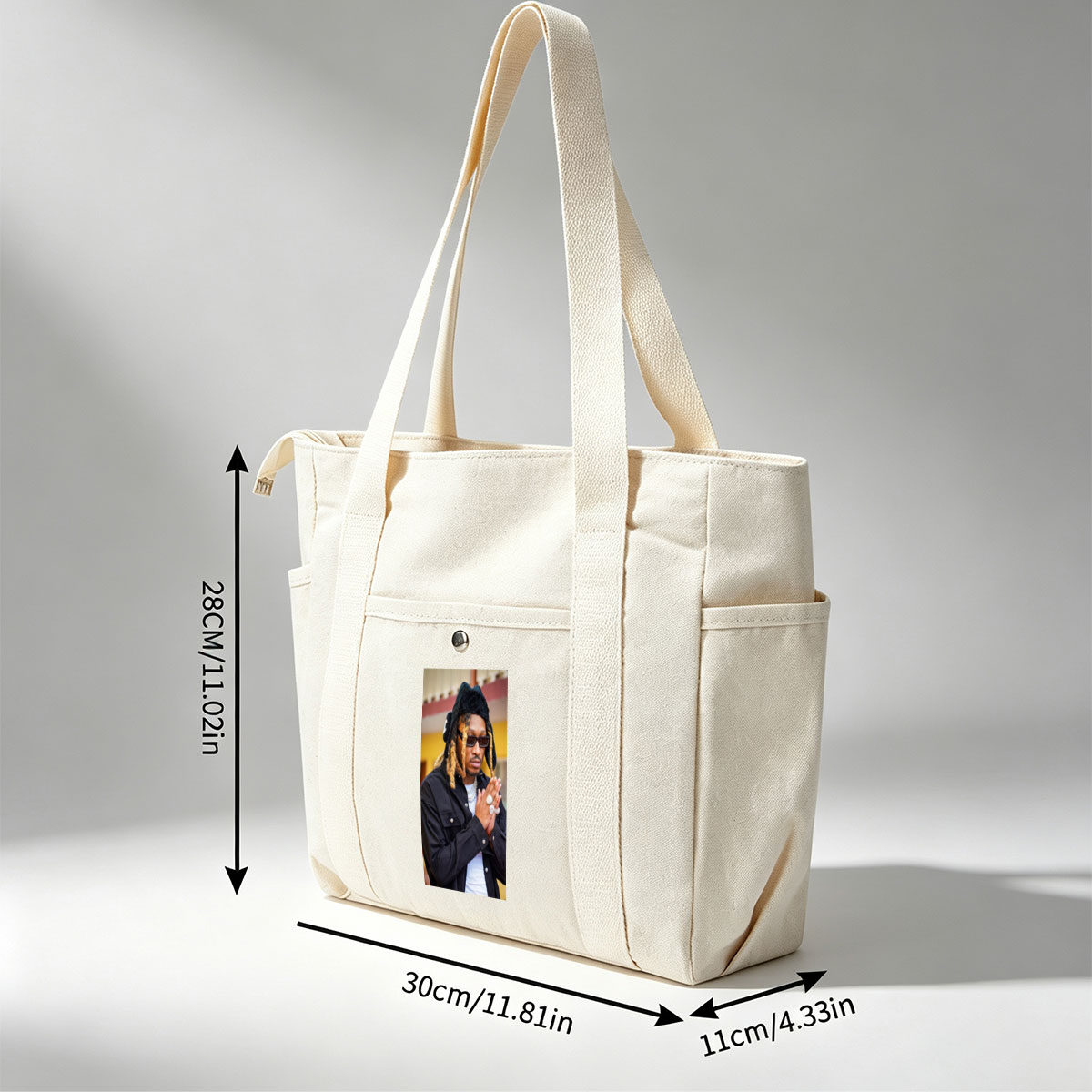Wiz Khalifa in a stylish urban look with dreadlocks, sunglasses, and layered jewelry, hands clasped in front of a colorful building. - Multi-pocket bags
