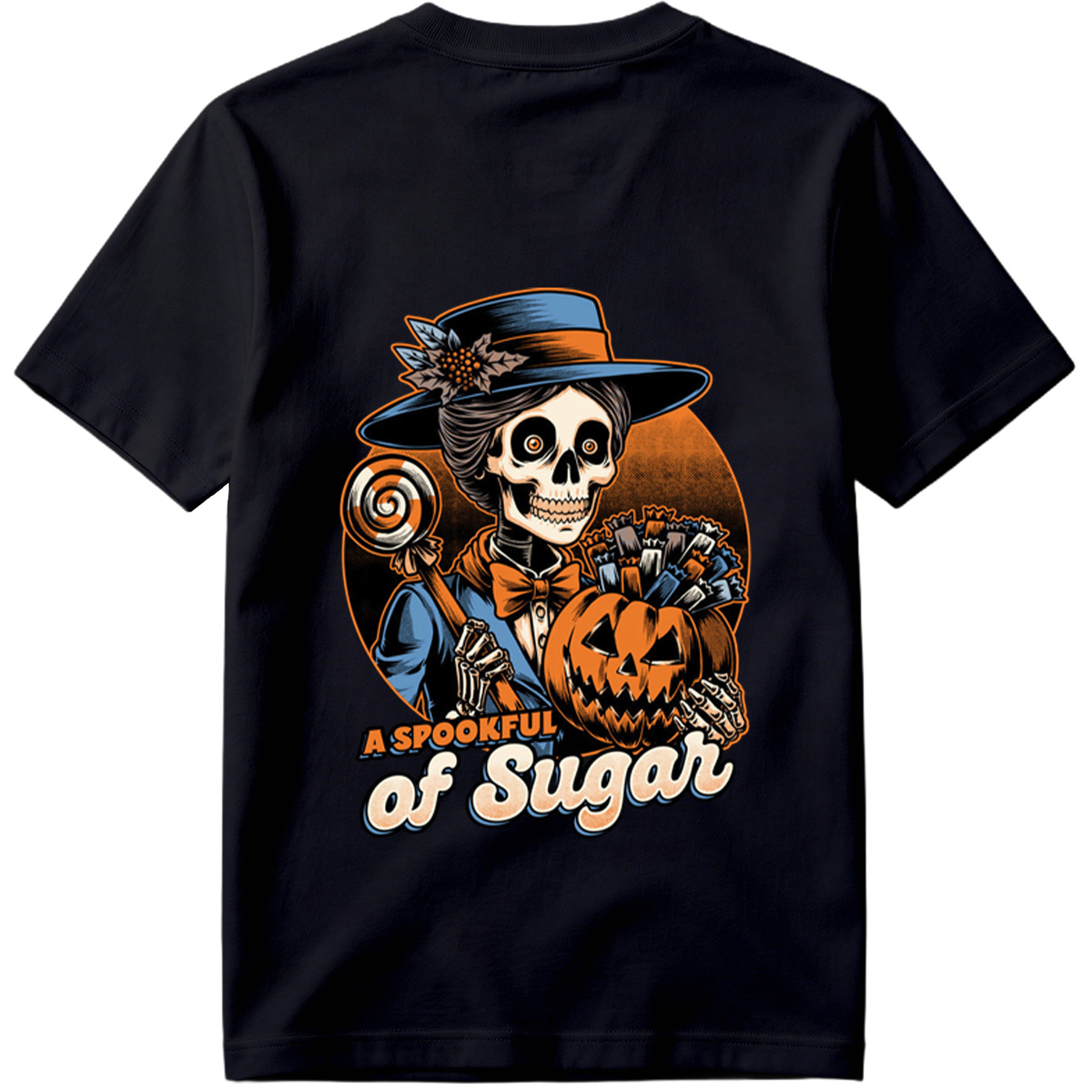 A Spookful of Sugar: Skeleton Lady with Pumpkin and Candy - Tee
