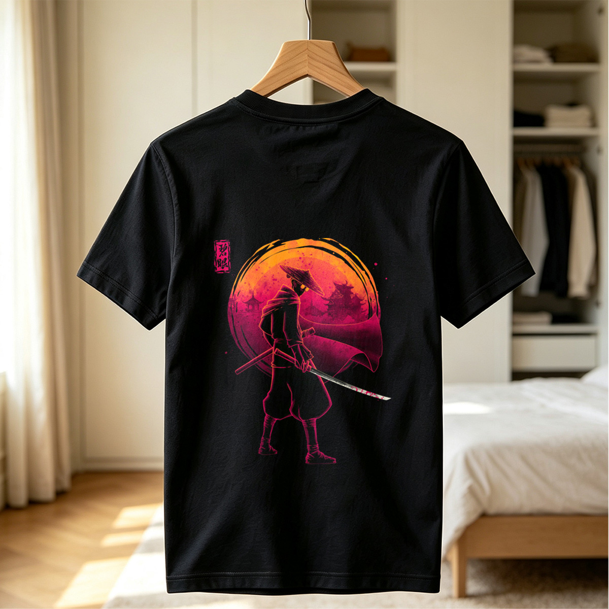 Samurai Warrior with Bloodied Sword Against Crimson Moon - Tee