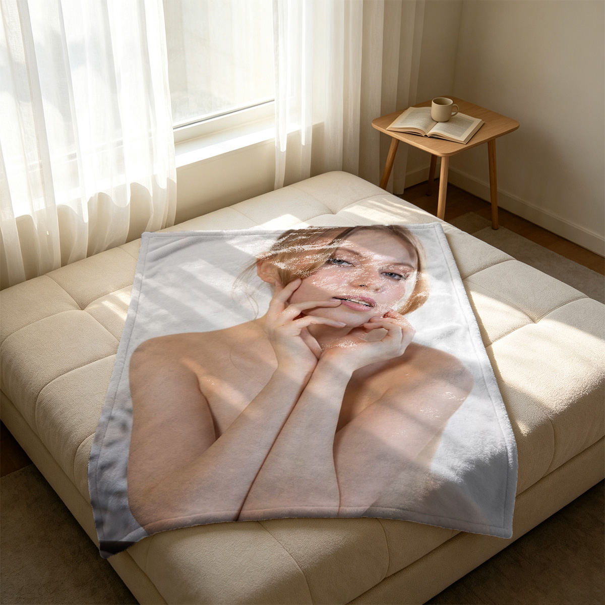 Nude Asian woman in white lace skirt sitting on wicker chair - Blanket