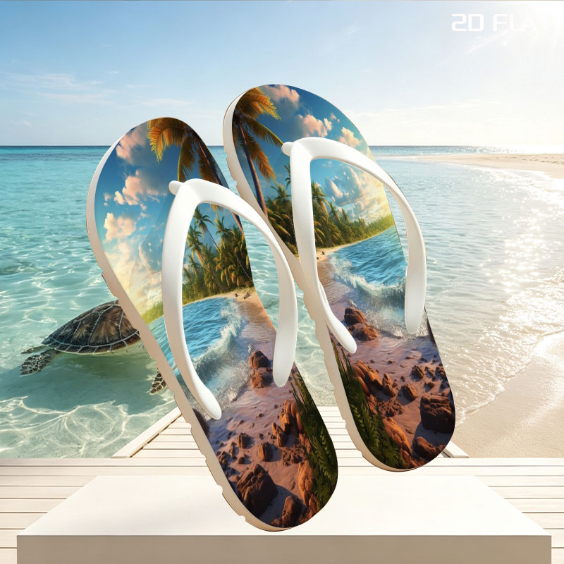 Tropical Beach at Sunset with Palm Trees and Gentle Waves -  flip-flops
