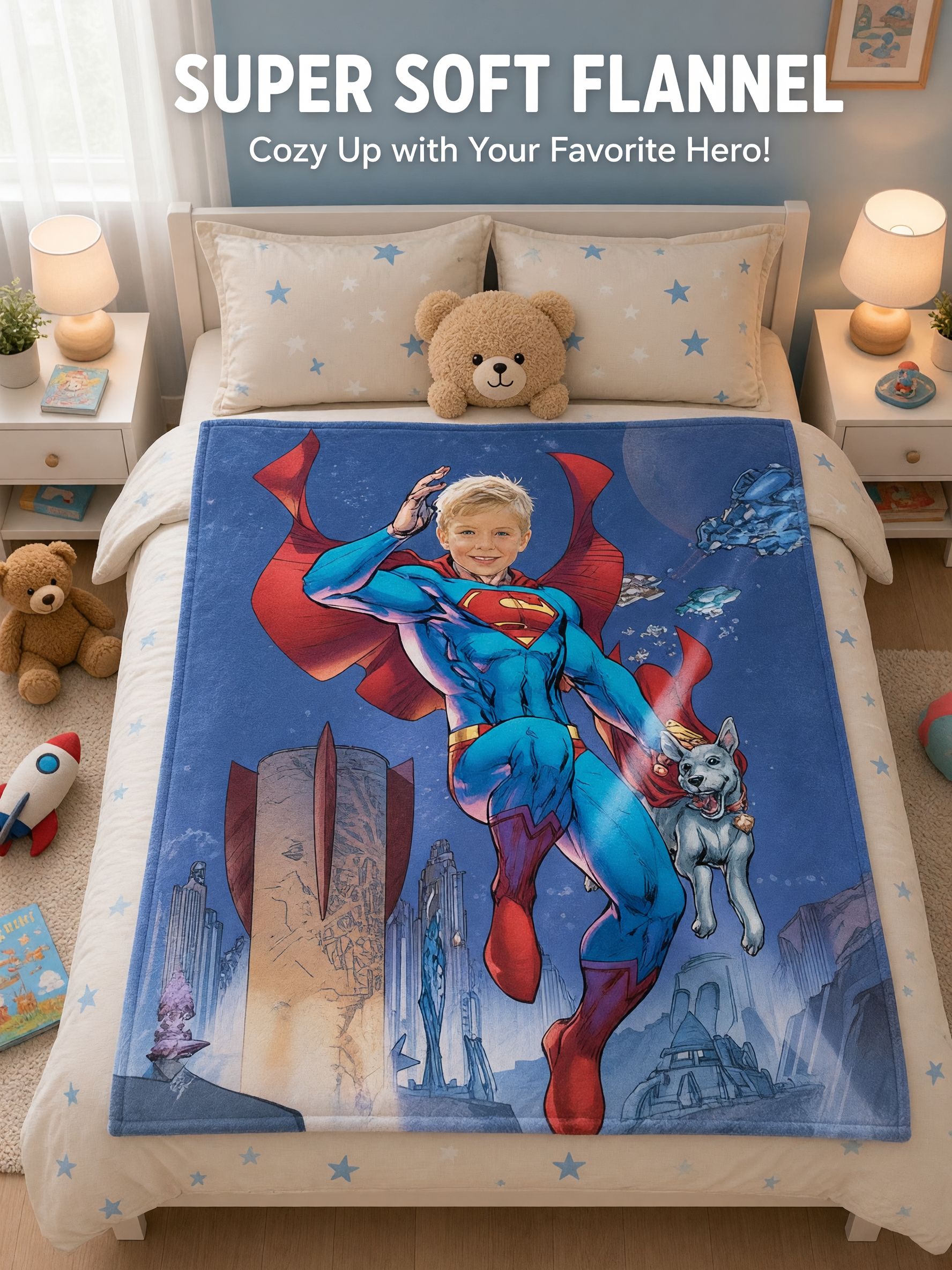 Custom Face Superhero Flannel Blanket Personalized Photo Throw Lightweight Ultra Soft Cozy Bed Fleece Blanket Gift
