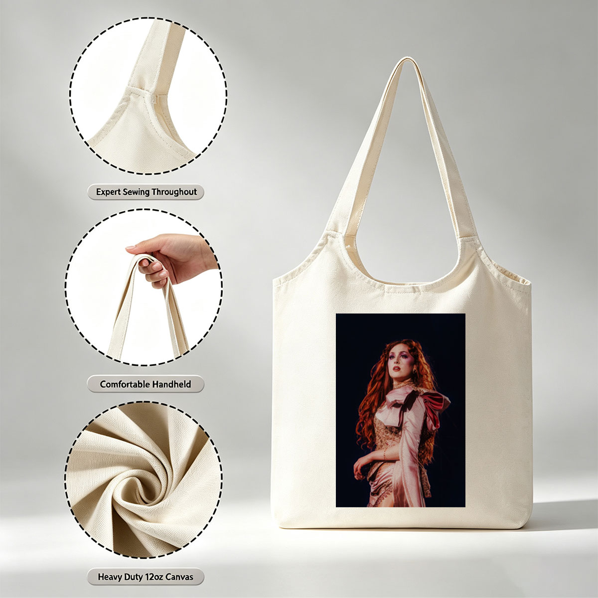 Katy Perry in a Dramatic Performance Scene Wearing a Pink Satin Outfit with Elegant Makeup and Long Red Hair - Canvas shoulder bags/