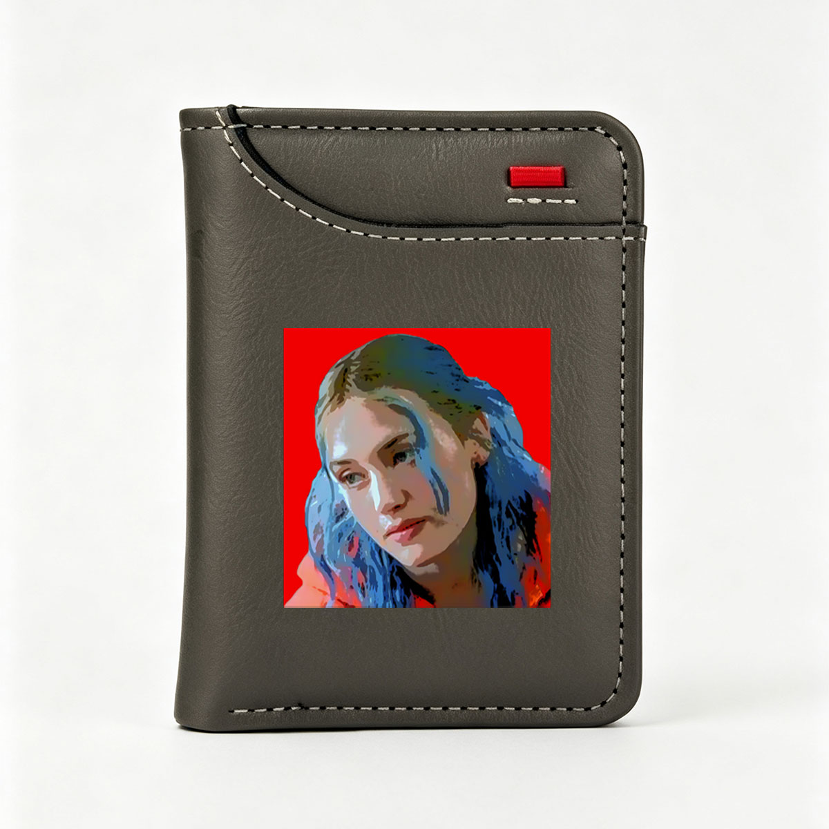 Portrait of a Woman with Blue Hair Against Red Background - Vertical Style Wallet