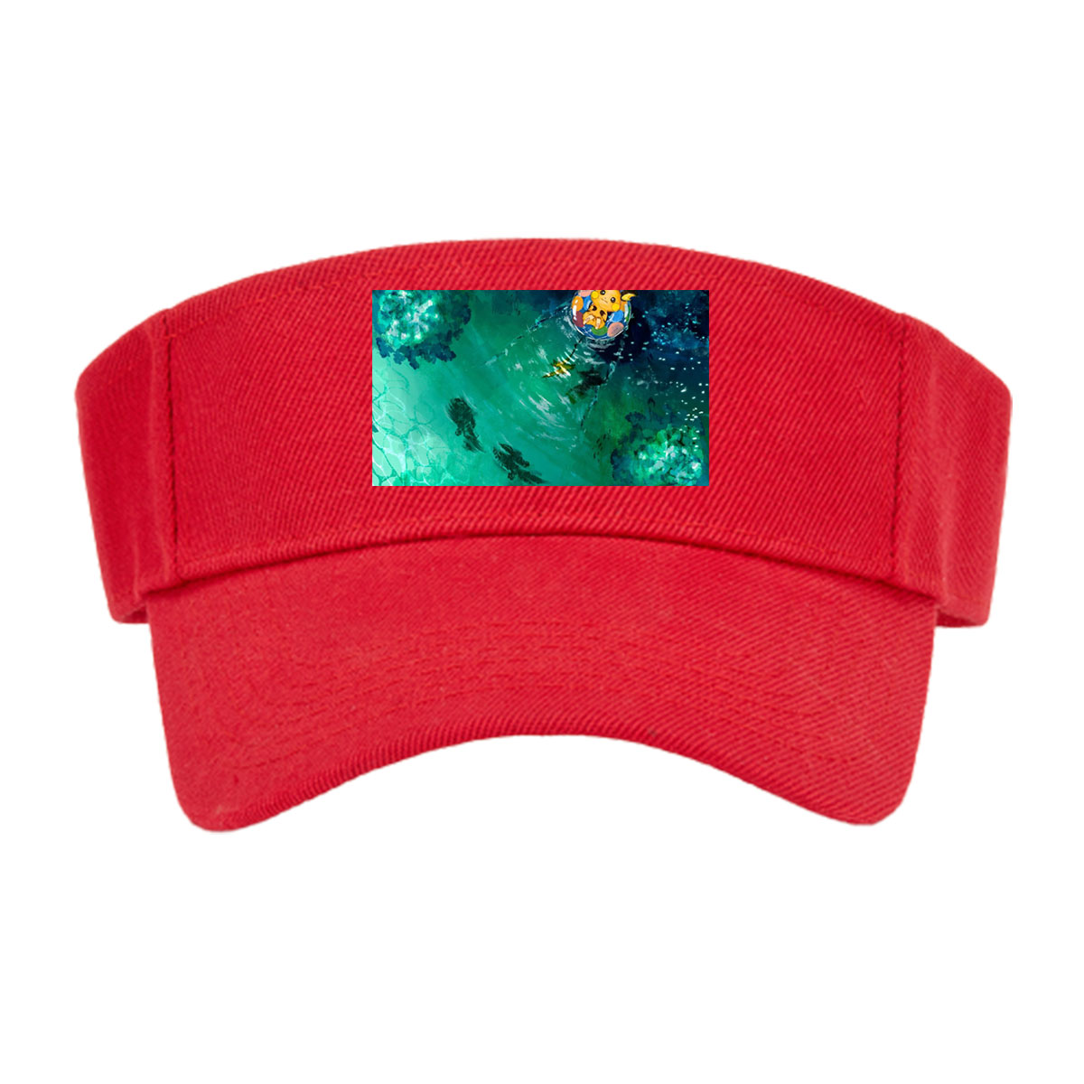 Pikachu floating on a colorful ring in a serene, turquoise pool with fish swimming below. -  Visor cap