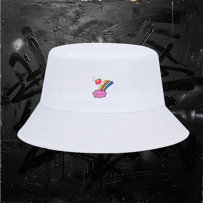 Unisex Bucket Hat with Strawberry Wings and Rainbow Cloud Print - Classic Adjustable Sun Hat for Outdoor Activities, Perfect for Teens and Young Adults Seeking Fun and Fashionable Headwear