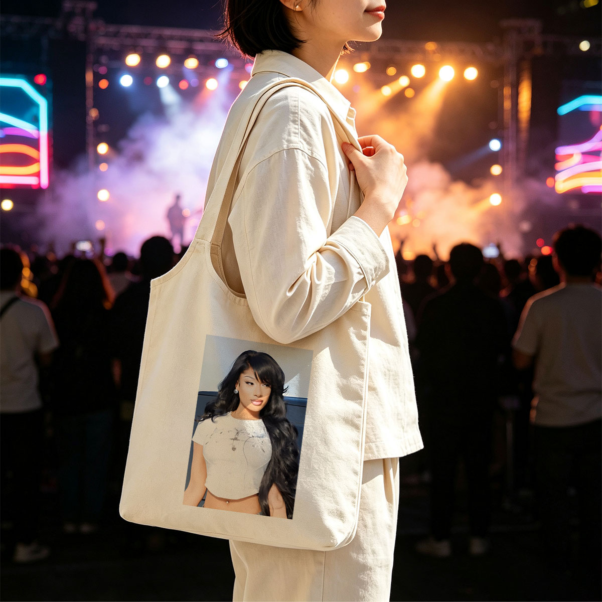 Nicki Minaj in a Stylish White Crop Top with Long Black Hair and Bold Makeup - Canvas shoulder bags/