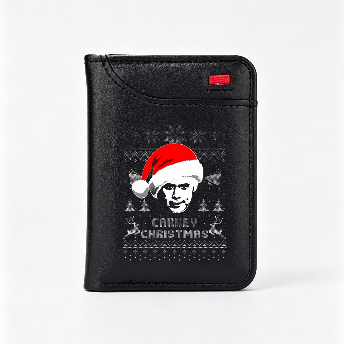 Carrey Christmas: Jim Carrey in Santa Hat on Knit Pattern Background - Vertical Style Wallet