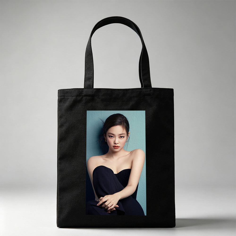 Jennie Kim in Elegant Black Strapless Dress Against Teal Background - Canvas tote bags
