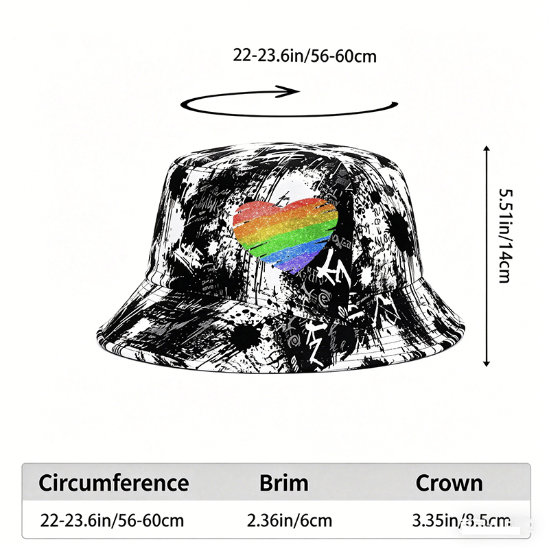 Unisex Classic Graffiti Bucket Hat with Rainbow Heart Glitter Print | Casual Streetwear Accessory for Outdoor Activities, Festival, Daily Wear | Perfect for Adults Seeking Bold Fashion Statement