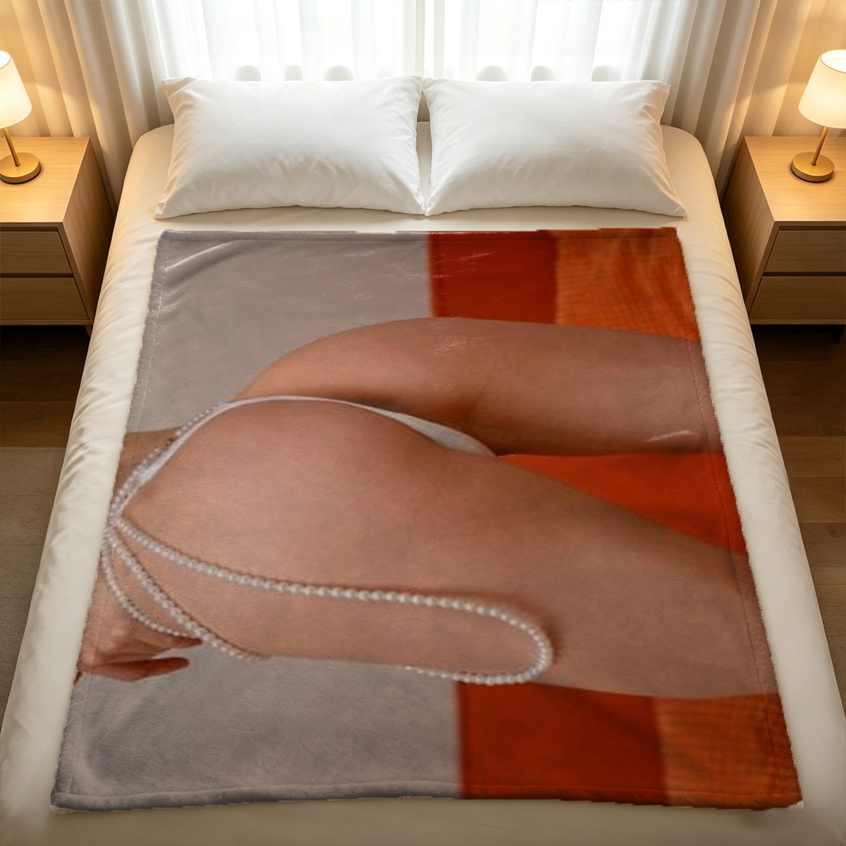 Two Japanese AV idols in lingerie and stockings on bed - Blanket