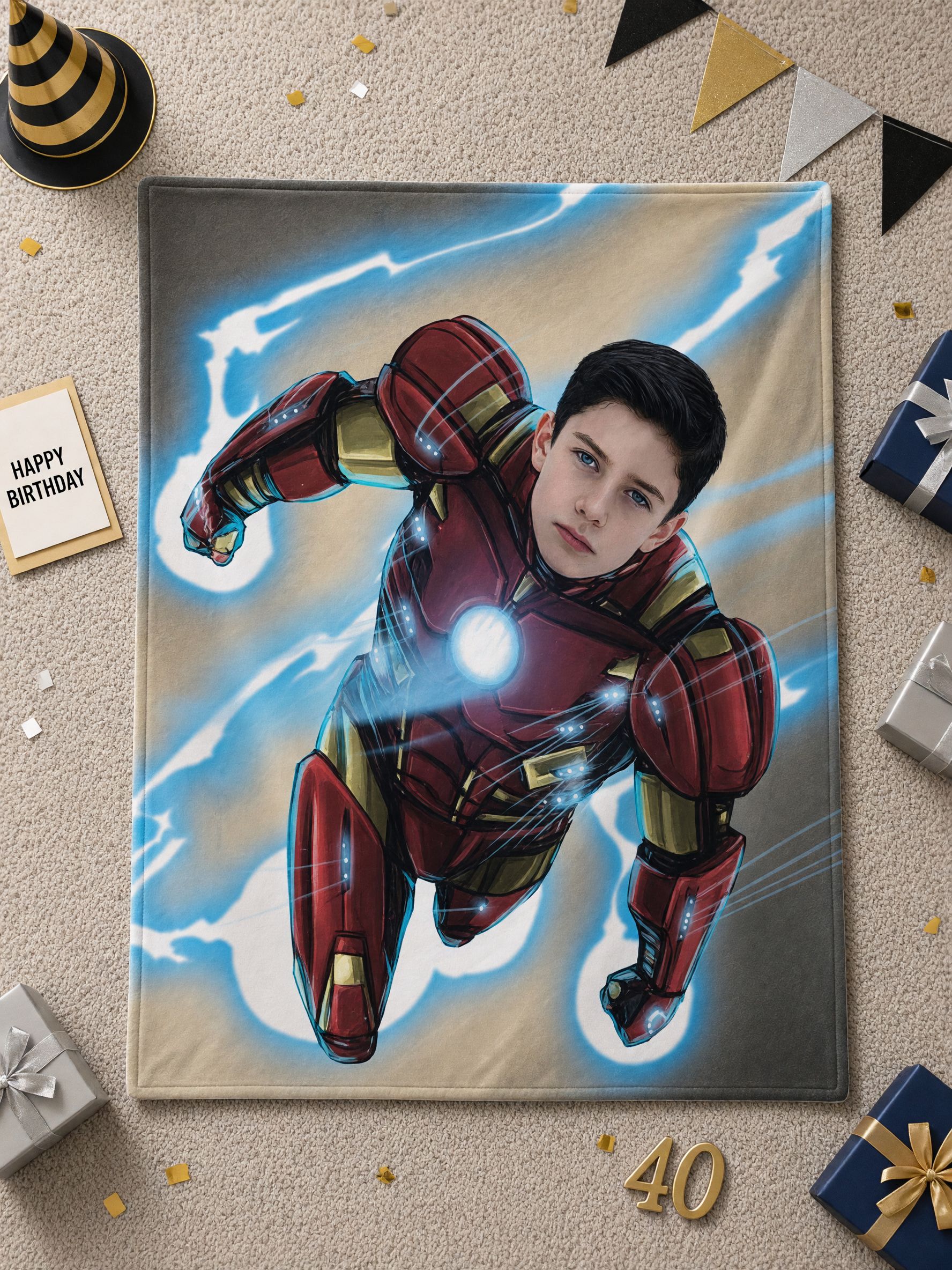 Custom Face Flannel Blanket Personalized Red Superhero Armor Throw Soft Cozy Photo Blanket Ideal Birthday Gift for Kids