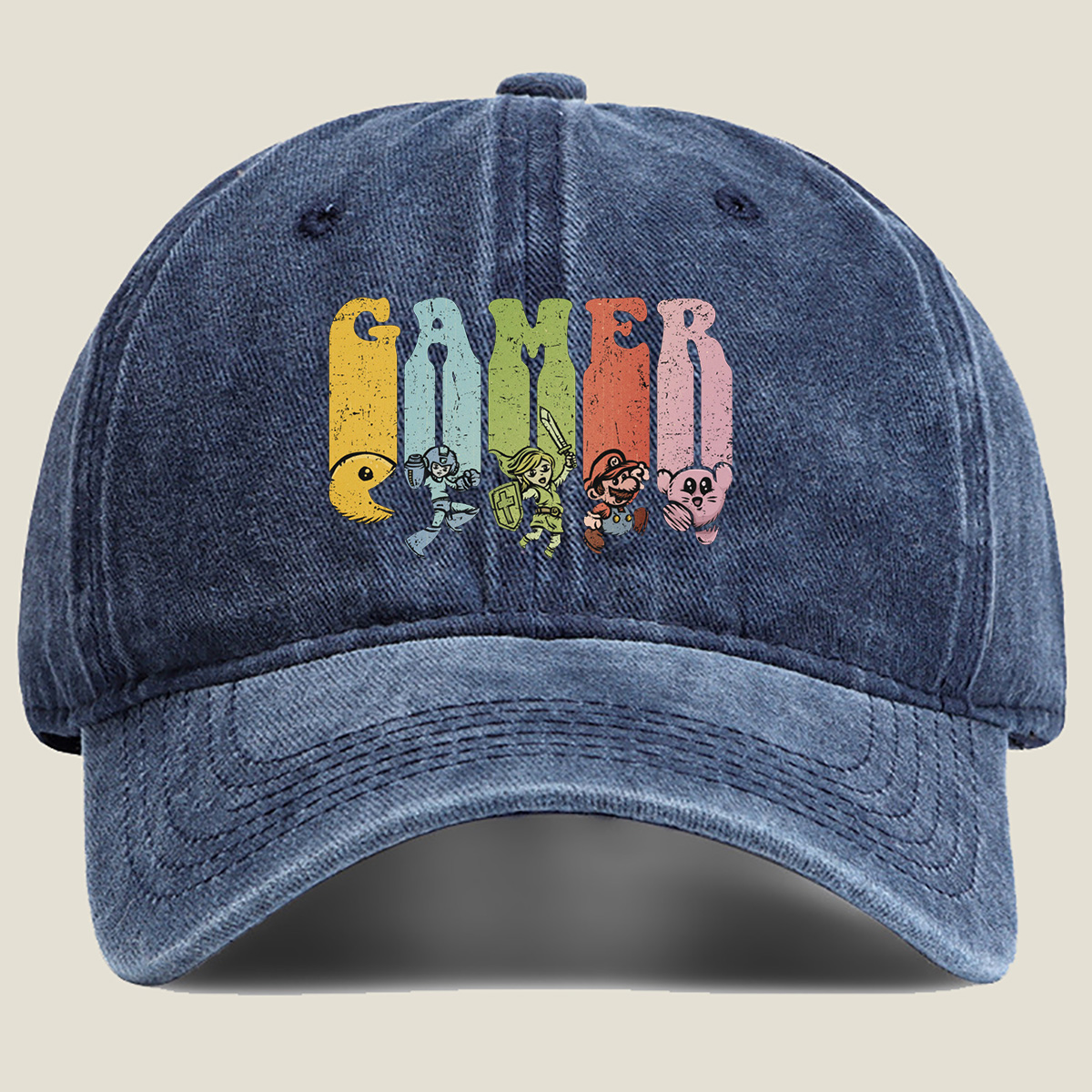 Gamer: Pac-Man, Mega Man, Zelda, Mario, Kirby - Washed Denim - Baseball Cap