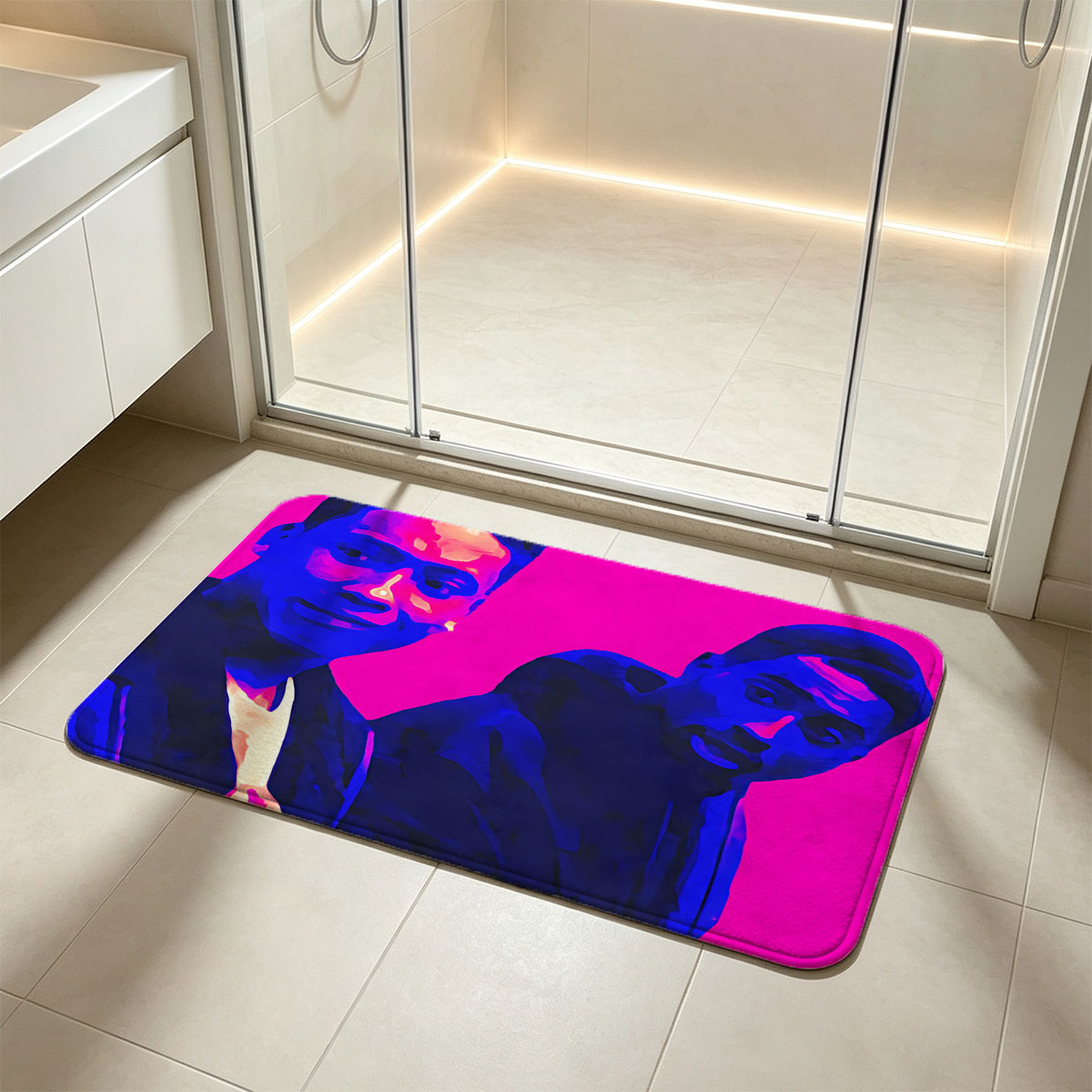 Two Men in Vibrant Pink and Blue Portrait - Flannel floor mat