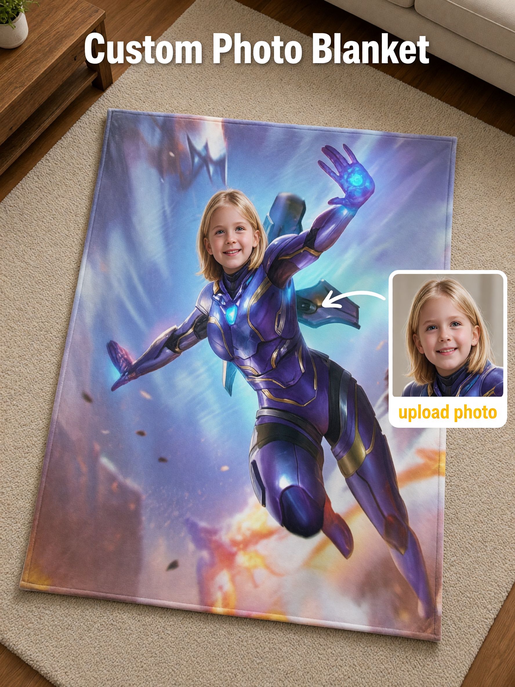 Custom Face Superhero Flannel Blanket, Personalized Photo Plush Throw, Ideal Cozy Gift for Kids and Movie Fans