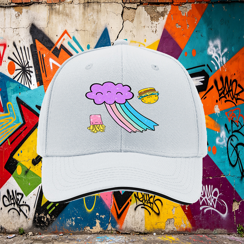 Unisex Classic Sandwich Hat with Kawaii Rainbow Cloud, Happy Burger & Fries Print – Perfect for Casual Outings, Festivals, and Daily Wear – Ideal for Teens and Young Adults Loving Fun Food-Themed Fashion