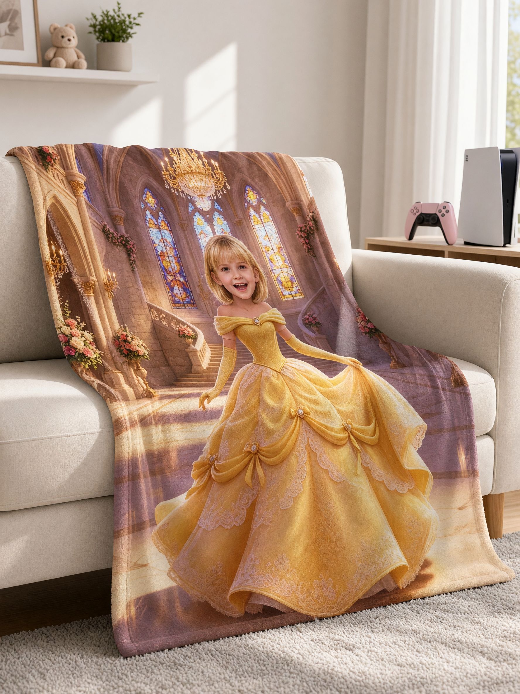 Custom Face Princess Blanket, Personalized Photo Yellow Ballgown Castle Fleece Throw, Cozy Keepsake Gift for Girls